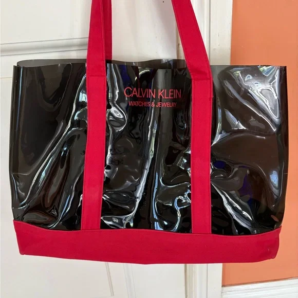 Calvin Klein Black Patent Tote with Red Handles and Base - Picture 1 of 7